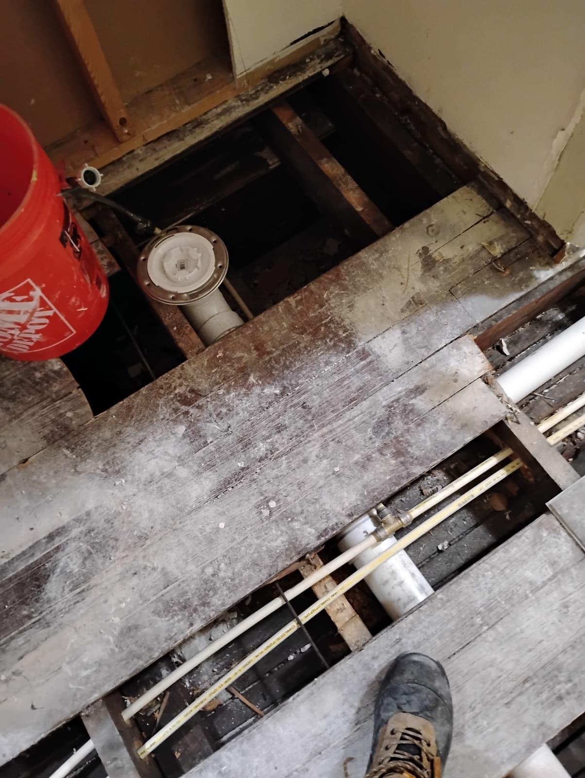 New plumbing lines run beneath the opened bathroom floor