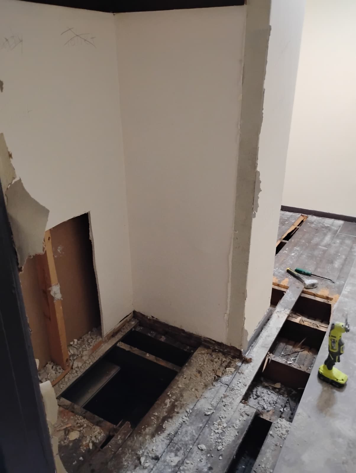 Bathroom gutted to the joists with subfloor opened up