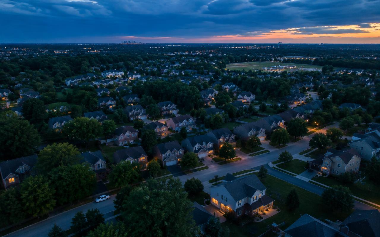 Aerial view of Ohio neighborhoods at dusk